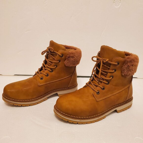 Rouge Helium Tan Faux Fur Lace Up Round-Toe Ankle Bootie Boots - (8M) - Picture 6 of 13